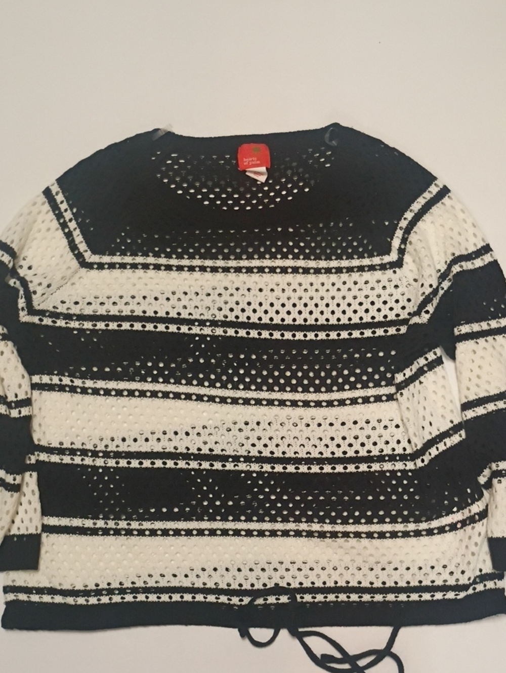 Striped Black and White Open-Knit Sweater Mesh Drawstring Detail